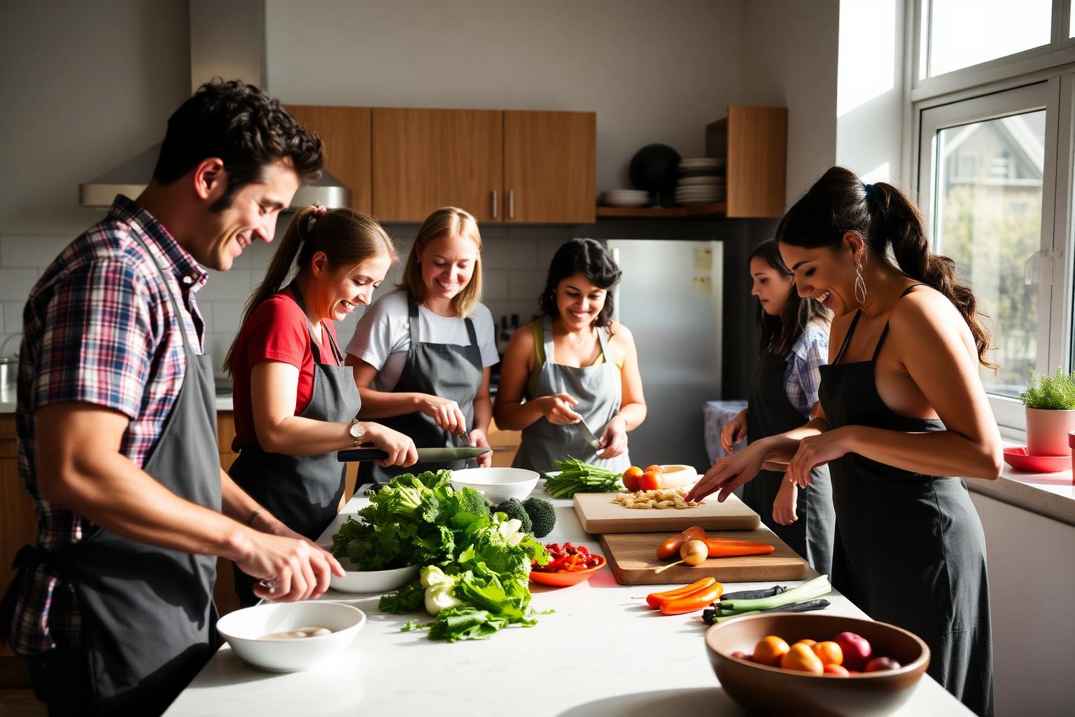 Diverse group cooking together in a community kitchen
