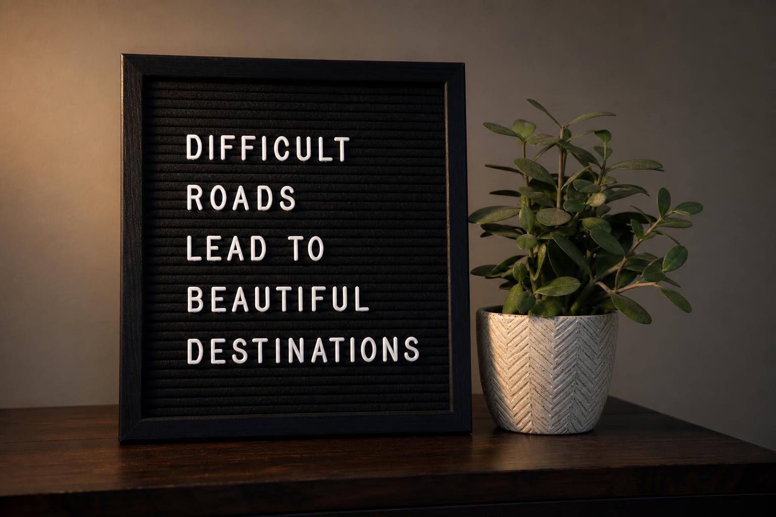 Letter board reading: difficult roads lead to beautiful destinations